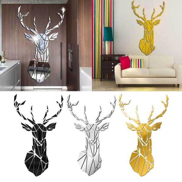 Mirror Deer Head Acrylic Wall Sticker Decal Removable 3D Home Decors Black For Cheap